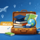 Illustration of a travel suitcase filled with books, a graduation cap, and a globe, with maps and travel pins in the background and an airplane flying along a dotted route, symbolizing planning travel for school acceptance or campus revisit events.