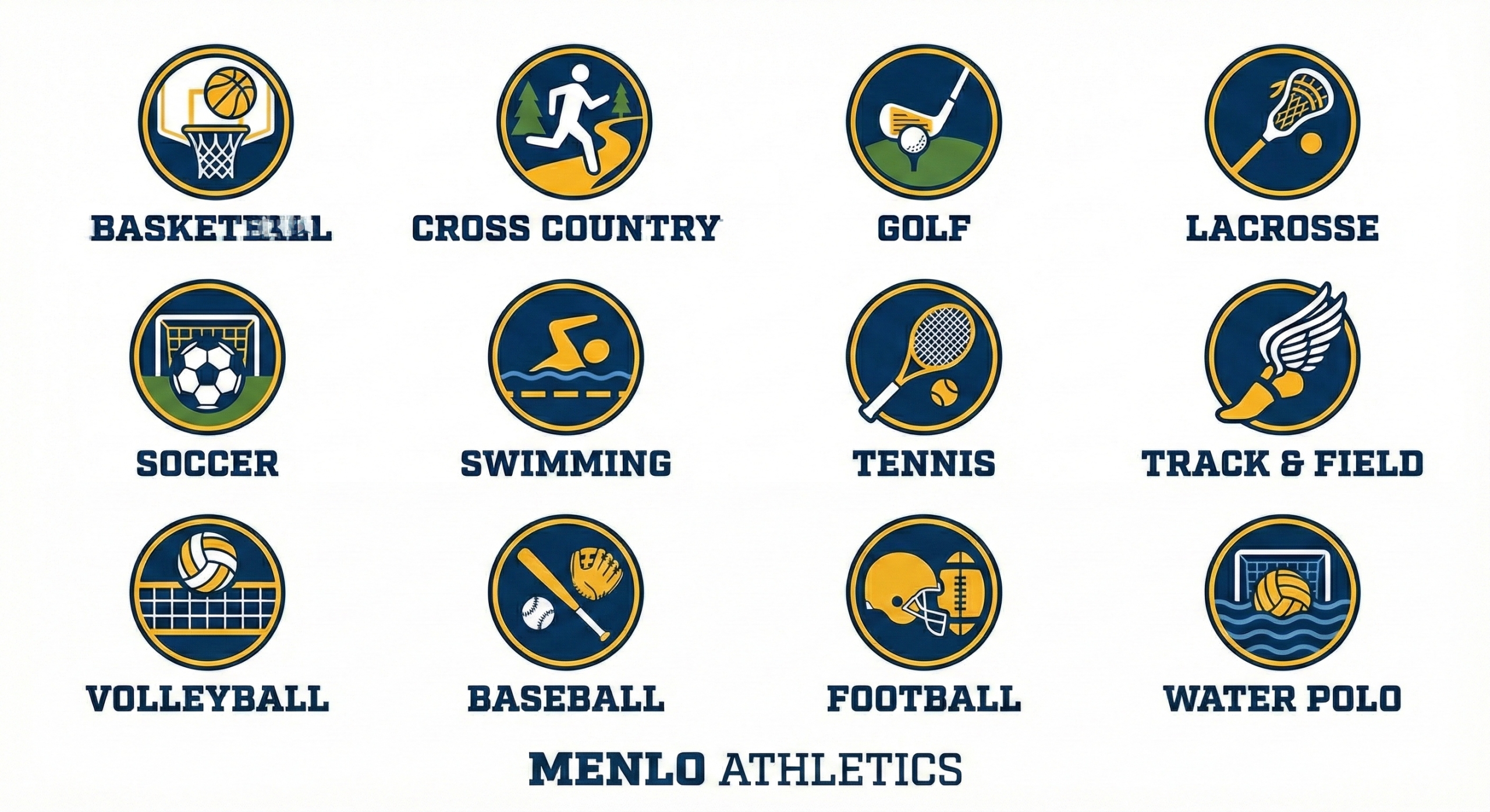 A grid of 12 circular sports icons for Menlo Athletics, including basketball, cross country, golf, lacrosse, soccer, swimming, tennis, track & field, volleyball, baseball, football, and water polo, with