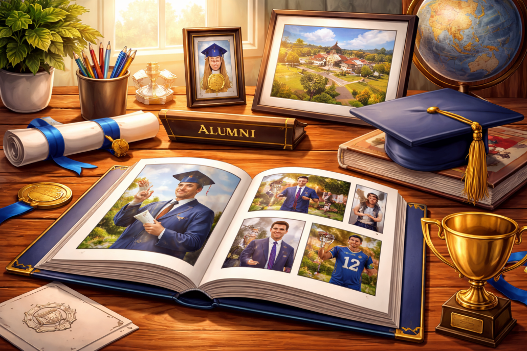 Illustration of alumni achievements featuring a desk with a diploma, trophy, graduation cap, and an open photo album showcasing graduates’ academic, professional, and athletic success.