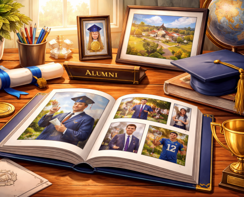 Illustration of alumni achievements featuring a desk with a diploma, trophy, graduation cap, and an open photo album showcasing graduates’ academic, professional, and athletic success.