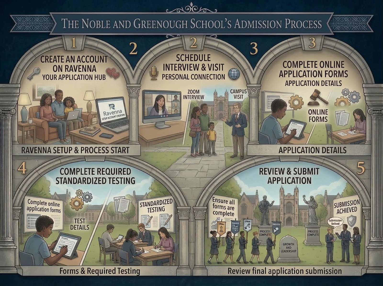 Infographic showing Noble and Greenough School admissions steps: create Ravenna account, schedule interview and visit, complete application, submit testing, and review final submission.