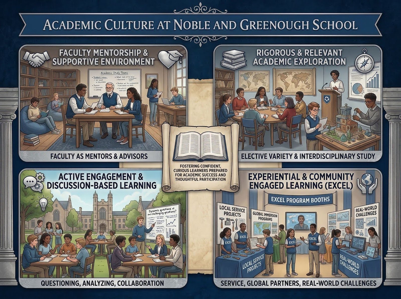 Infographic showing academic culture at Noble and Greenough School, highlighting faculty mentorship, discussion-based learning, interdisciplinary studies, and experiential community engagement.