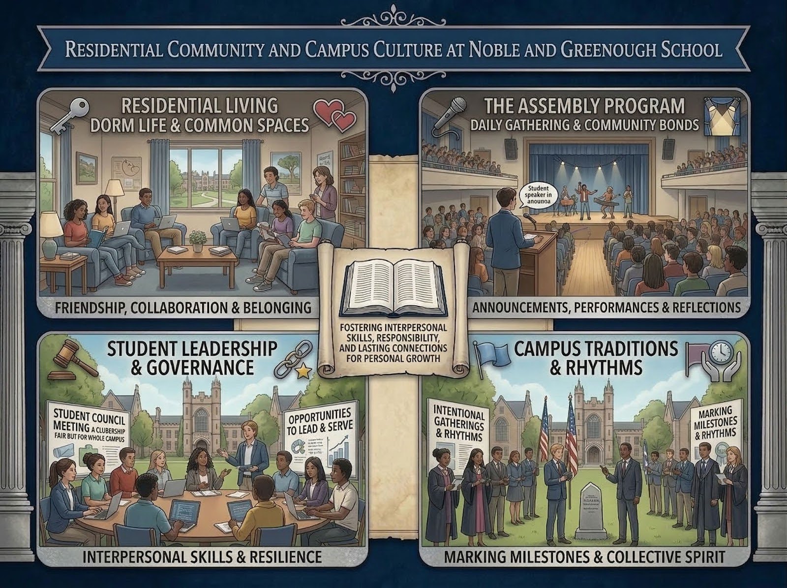 Infographic illustrating residential community and campus culture at Noble and Greenough School, including dorm life, assemblies, student leadership, and campus traditions.