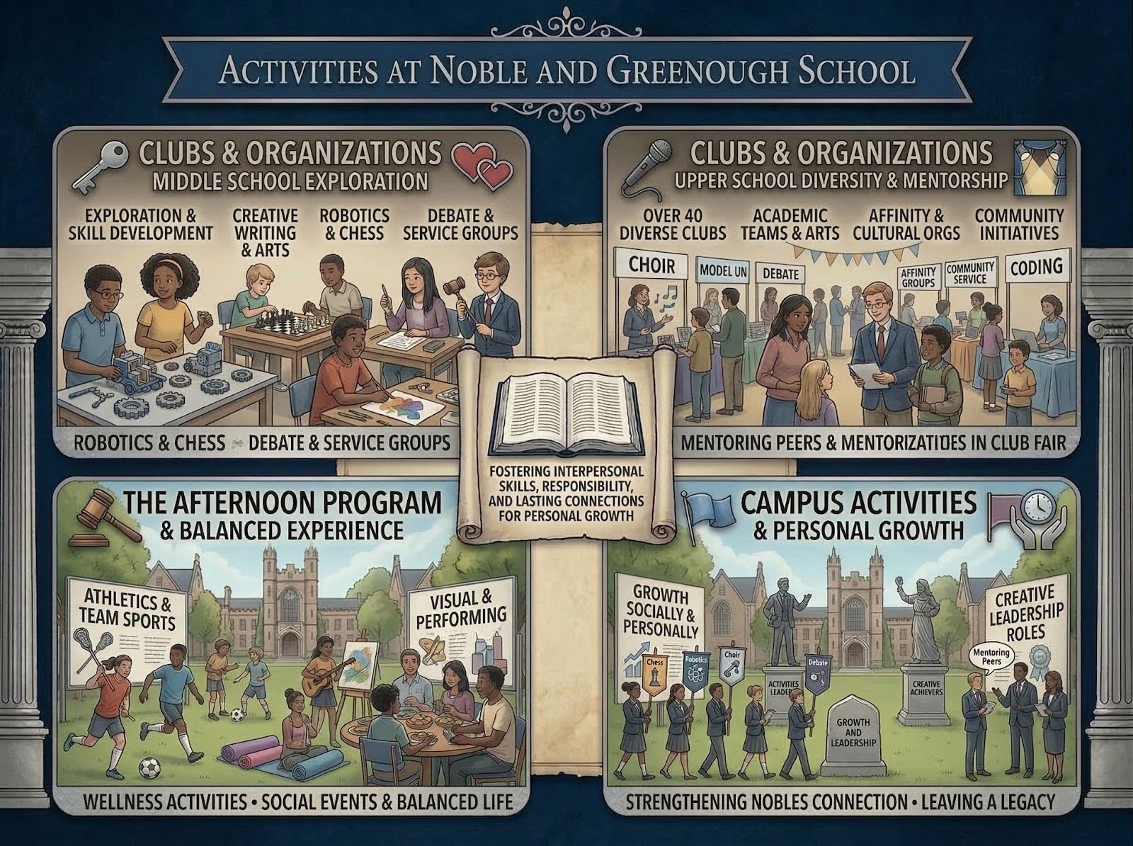Infographic showing activities at Noble and Greenough School, including clubs, robotics, debate, athletics, arts, mentorship, and student leadership opportunities.