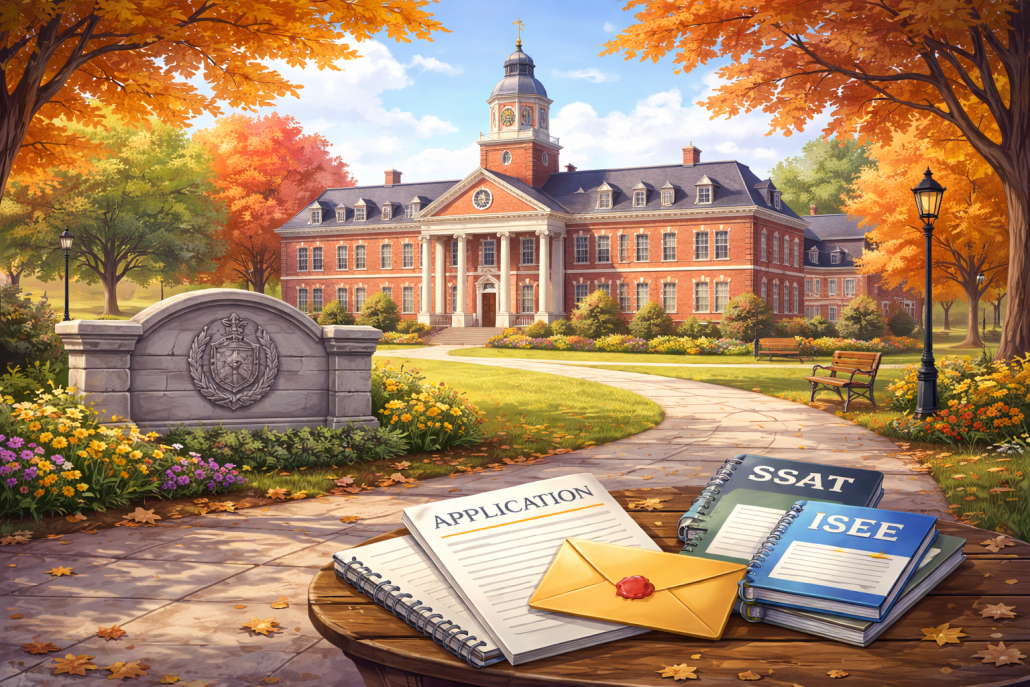 Illustration of a New England–style boarding school campus in autumn, with a red brick academic building, tree-lined walkway, and a table displaying application materials and standardized test prep books in the foreground.