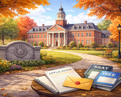 Illustration of a New England–style boarding school campus in autumn, with a red brick academic building, tree-lined walkway, and a table displaying application materials and standardized test prep books in the foreground.
