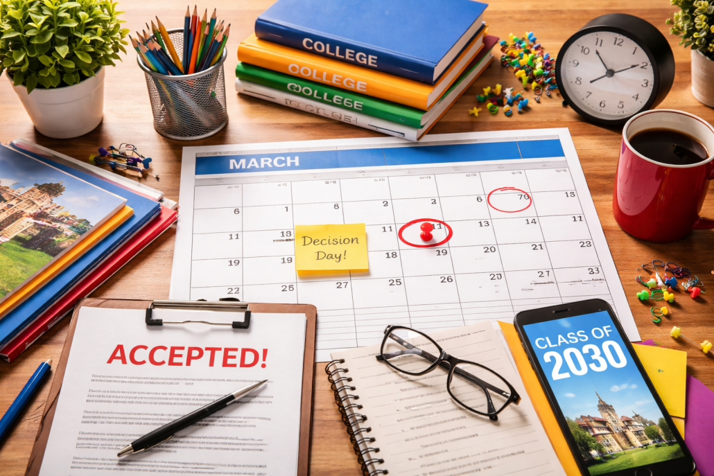 A well-organized study desk featuring a March calendar with highlighted dates, a clipboard holding an acceptance letter, a smartphone, notebooks, glasses, and school supplies arranged around, symbolizing college decision timelines and admissions results.