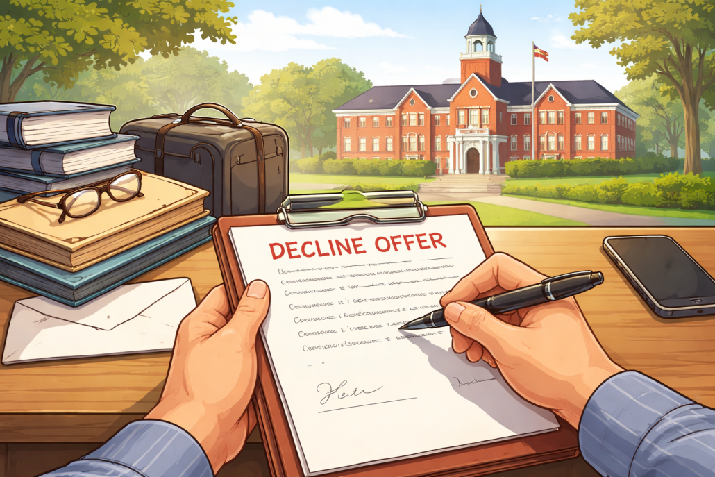 A clean illustration of hands writing a polite decline letter on a clipboard, with books, a suitcase, and a boarding school campus visible in the background, symbolizing turning down a school offer gracefully.