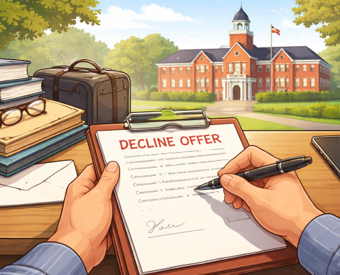 A clean illustration of hands writing a polite decline letter on a clipboard, with books, a suitcase, and a boarding school campus visible in the background, symbolizing turning down a school offer gracefully.