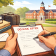 A clean illustration of hands writing a polite decline letter on a clipboard, with books, a suitcase, and a boarding school campus visible in the background, symbolizing turning down a school offer gracefully.