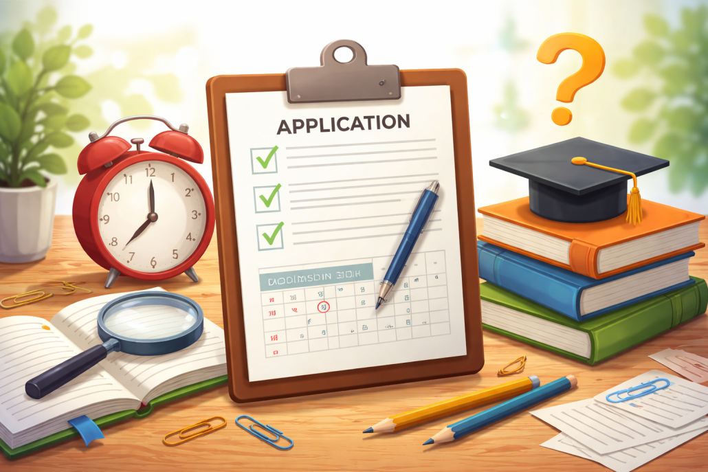Illustration of a school application clipboard with checklist on a desk, surrounded by books, a graduation cap, alarm clock, and study supplies, symbolizing rolling school admissions and application timing.