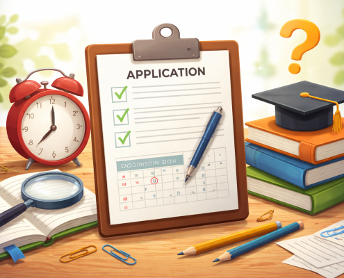 Illustration of a school application clipboard with checklist on a desk, surrounded by books, a graduation cap, alarm clock, and study supplies, symbolizing rolling school admissions and application timing.