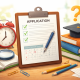 Illustration of a school application clipboard with checklist on a desk, surrounded by books, a graduation cap, alarm clock, and study supplies, symbolizing rolling school admissions and application timing.