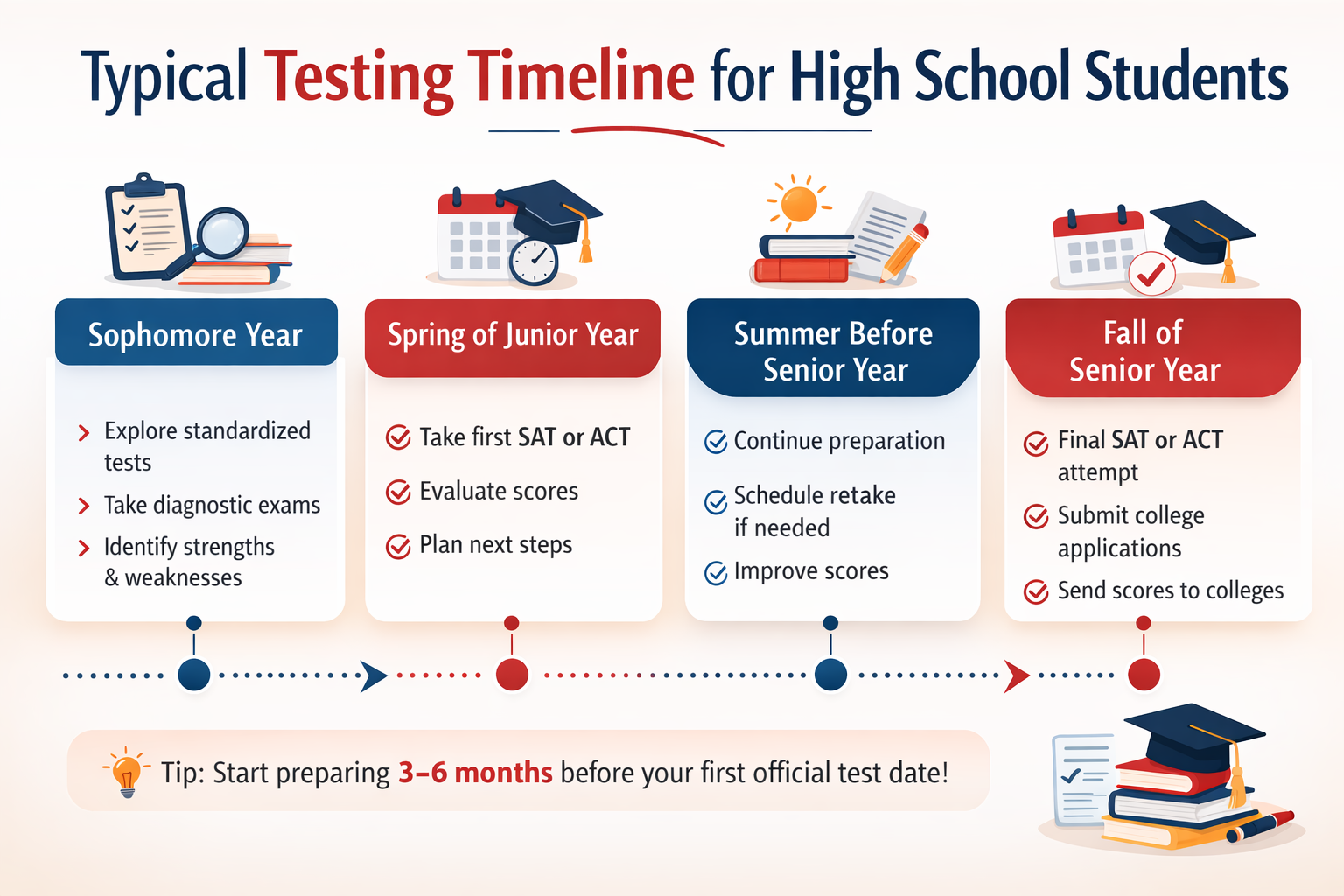 Infographic showing a typical testing timeline for high school students, from sophomore year diagnostic exams to final SAT or ACT attempts in the fall of senior year before college applications.