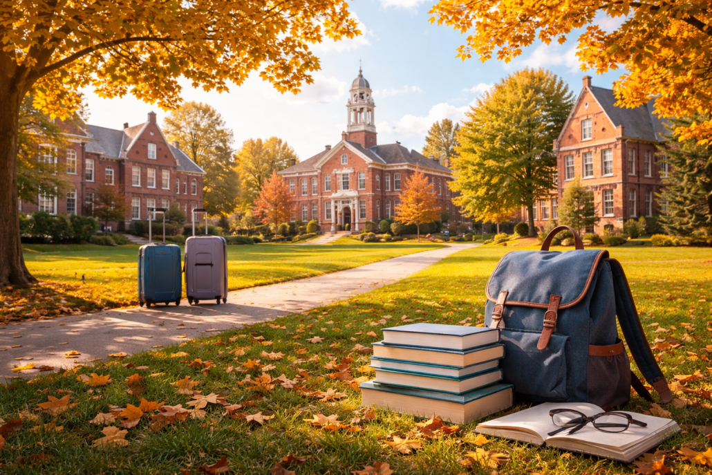 A serene autumn boarding school campus with red-brick academic buildings in the background, a tree-lined pathway with two suitcases, and in the foreground a stack of books, an open notebook with glasses, and a backpack resting on fallen leaves.