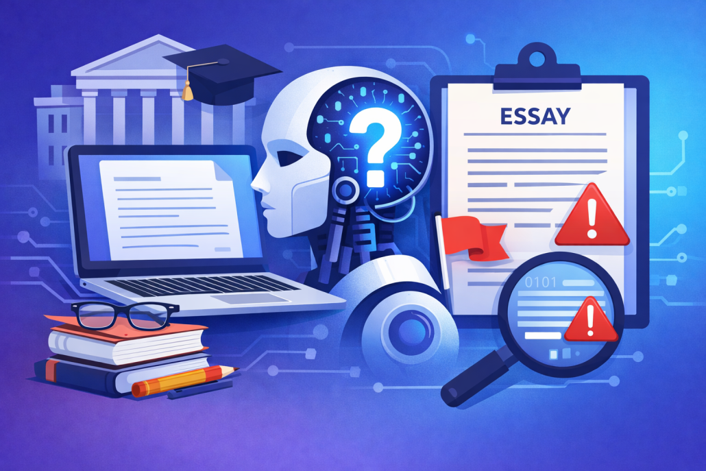 Digital illustration of an AI robot beside a laptop displaying an essay, with books, a graduation cap, and warning icons, symbolizing concerns about AI use in college essay review.