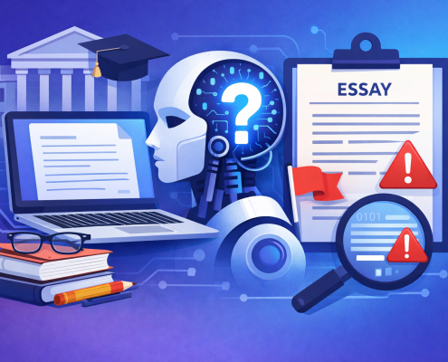 Digital illustration of an AI robot beside a laptop displaying an essay, with books, a graduation cap, and warning icons, symbolizing concerns about AI use in college essay review.