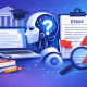Digital illustration of an AI robot beside a laptop displaying an essay, with books, a graduation cap, and warning icons, symbolizing concerns about AI use in college essay review.