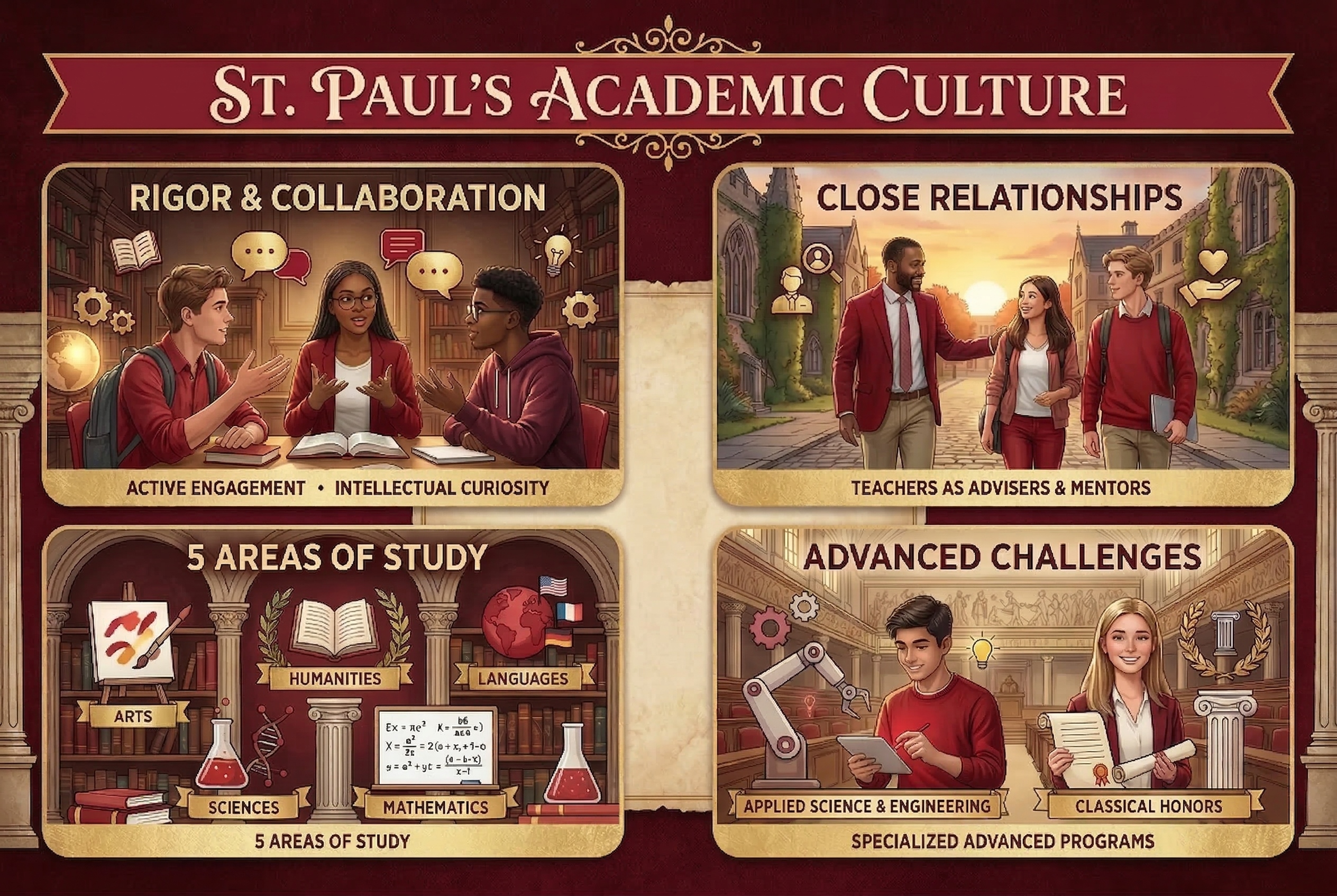 Infographic titled “St. Paul’s Academic Culture” highlighting four aspects: rigor and collaboration in classroom discussions, close relationships between teachers and students, five areas of study (arts, humanities, languages, sciences, and mathematics), and advanced academic challenges including applied science, engineering, and classical honors programs.