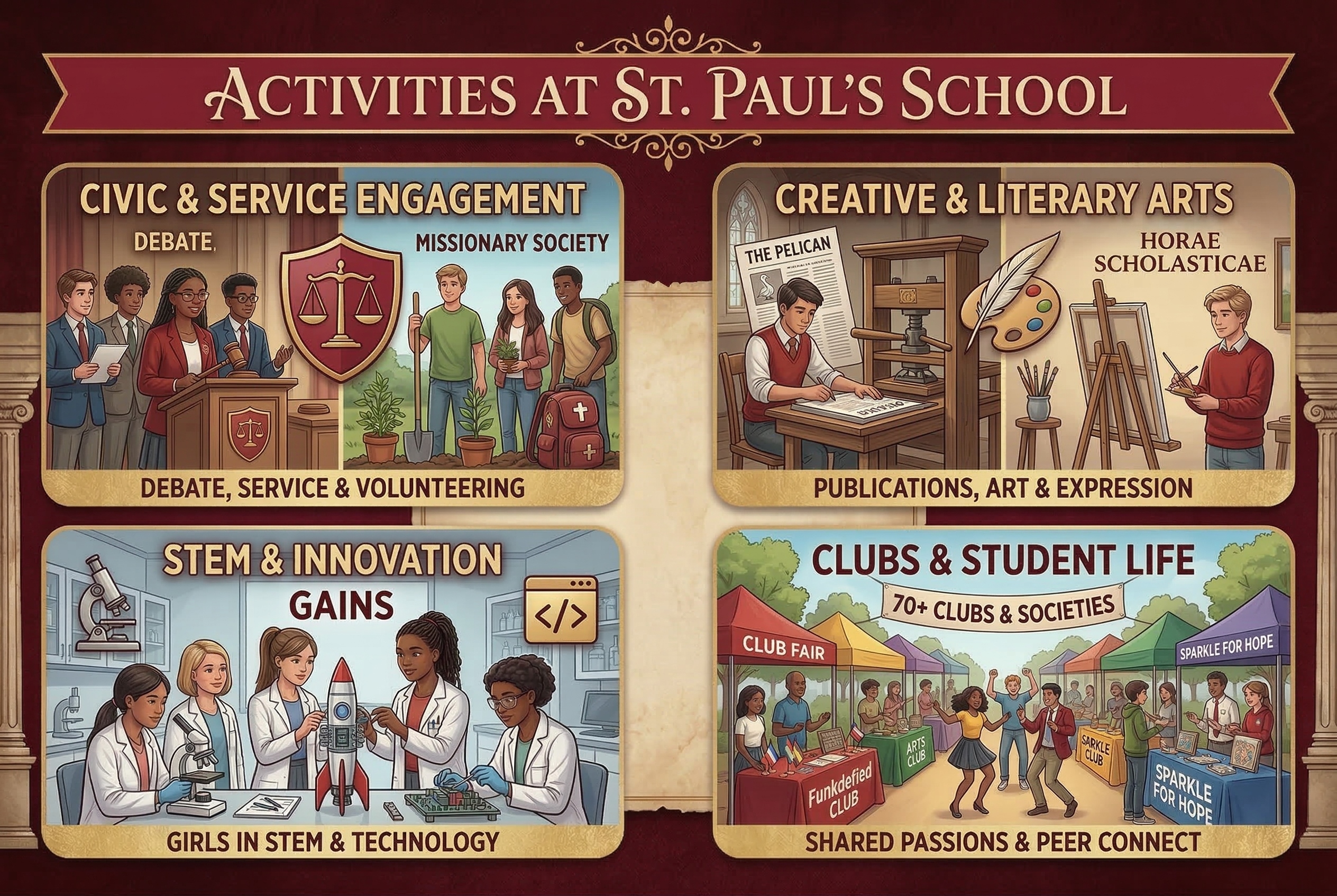 Infographic titled “Activities at St. Paul’s School” highlighting student opportunities including civic and service engagement through debate and volunteering, creative and literary arts such as publications and visual arts, STEM and innovation programs including girls in STEM initiatives, and clubs and student life with more than 70 clubs and societies.