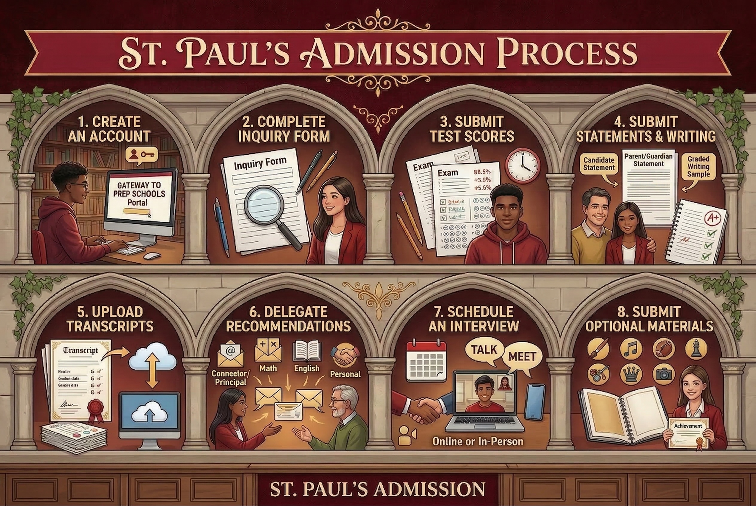 Illustrated infographic showing the St. Paul’s School admission process with eight steps: create an account, complete inquiry form, submit test scores, submit statements and writing, upload transcripts, delegate recommendations, schedule an interview, and submit optional materials.