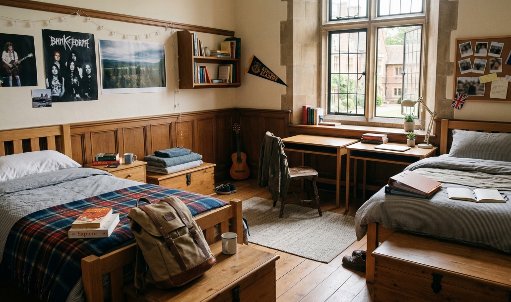 A cozy, traditional boarding school dorm room with two twin beds, wooden desks, and a large window. The contrasting bedding and personal decor highlight the shared living space of two roommates.