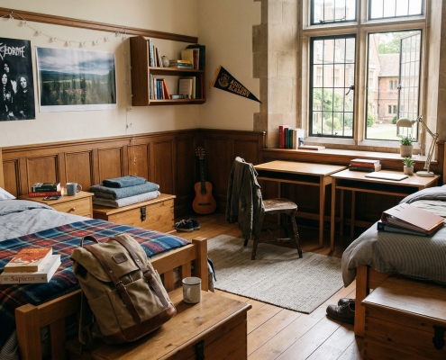 A cozy, traditional boarding school dorm room with two twin beds, wooden desks, and a large window. The contrasting bedding and personal decor highlight the shared living space of two roommates.