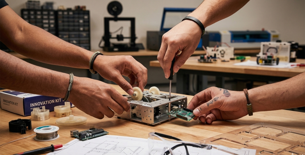 Hands collaborating on a robotics project at a wooden workbench with tools, gears, and circuit boards.