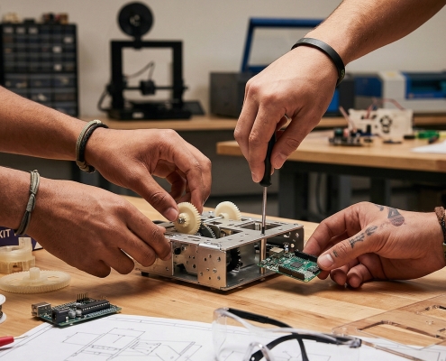 Hands collaborating on a robotics project at a wooden workbench with tools, gears, and circuit boards.