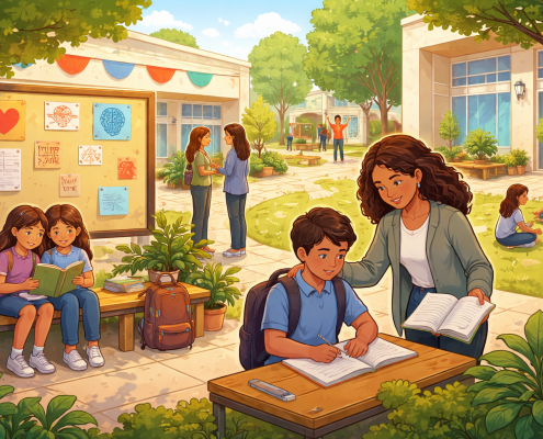 Supportive school environment with students studying and reading outdoors while a teacher guides a student at a desk, surrounded by greenery and campus buildings.