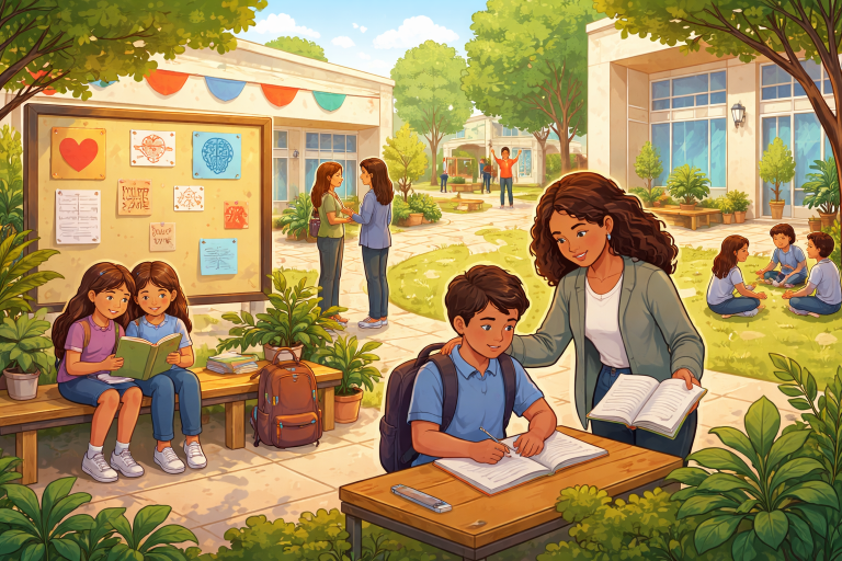 Supportive school environment with students studying and reading outdoors while a teacher guides a student at a desk, surrounded by greenery and campus buildings.