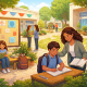 Supportive school environment with students studying and reading outdoors while a teacher guides a student at a desk, surrounded by greenery and campus buildings.