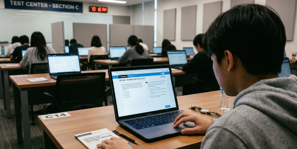 A student taking a digital exam on a laptop in a modern classroom setting, seen from behind.