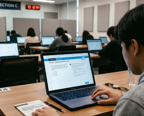 A student taking a digital exam on a laptop in a modern classroom setting, seen from behind.