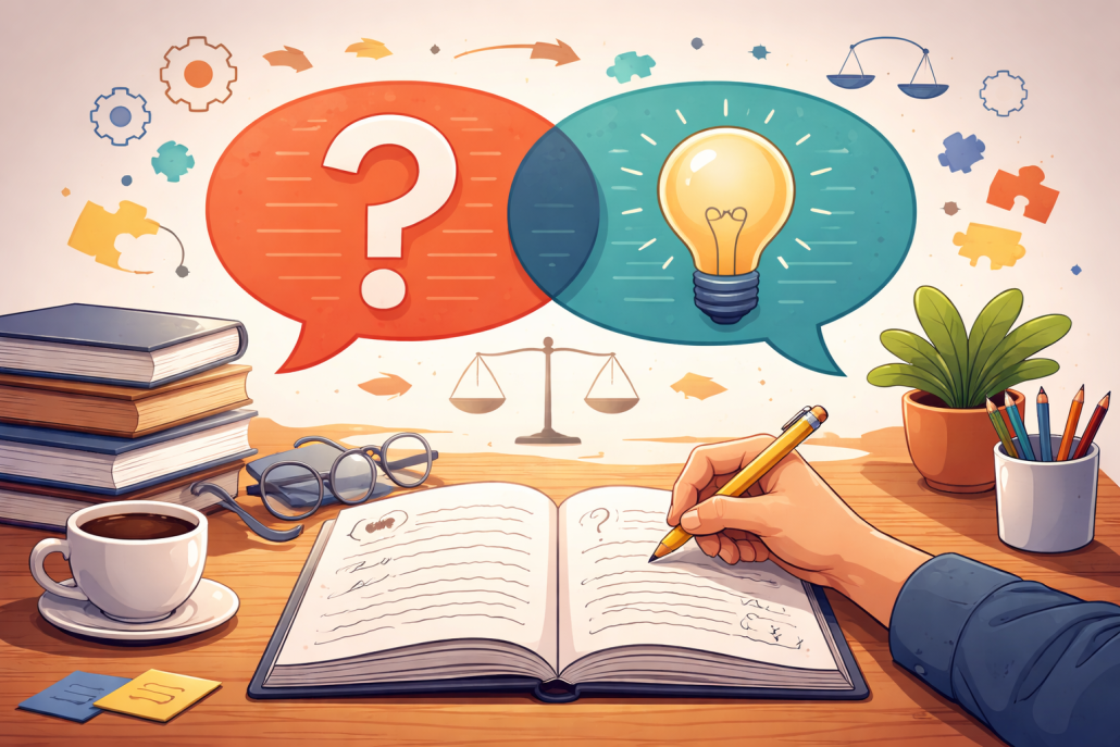 Notebook with speech bubbles showing a question mark and light bulb, representing critical thinking.