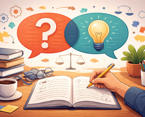 Notebook with speech bubbles showing a question mark and light bulb, representing critical thinking.