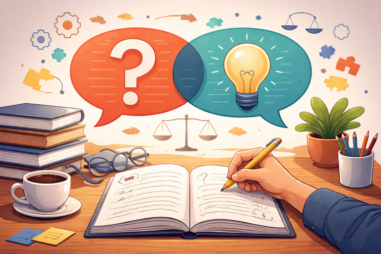 Notebook with speech bubbles showing a question mark and light bulb, representing critical thinking.