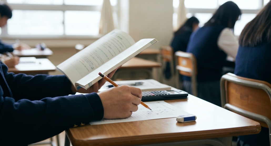 A student at a desk in a classroom, holding a book open with their left hand and a pencil in their right over a paper. Other students are visible in the background, blurred.