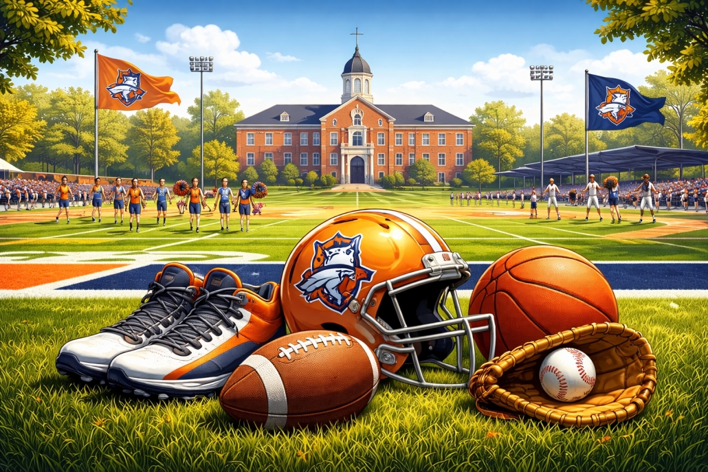 Athletics scene with football, baseball, basketball, and cleats in foreground and a brick school with cheerleaders in background on a grassy field, under sunny conditions.