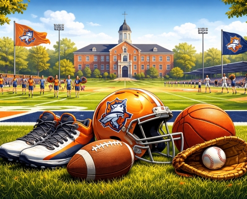 Athletics scene with football, baseball, basketball, and cleats in foreground and a brick school with cheerleaders in background on a grassy field, under sunny conditions.