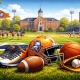 Athletics scene with football, baseball, basketball, and cleats in foreground and a brick school with cheerleaders in background on a grassy field, under sunny conditions.