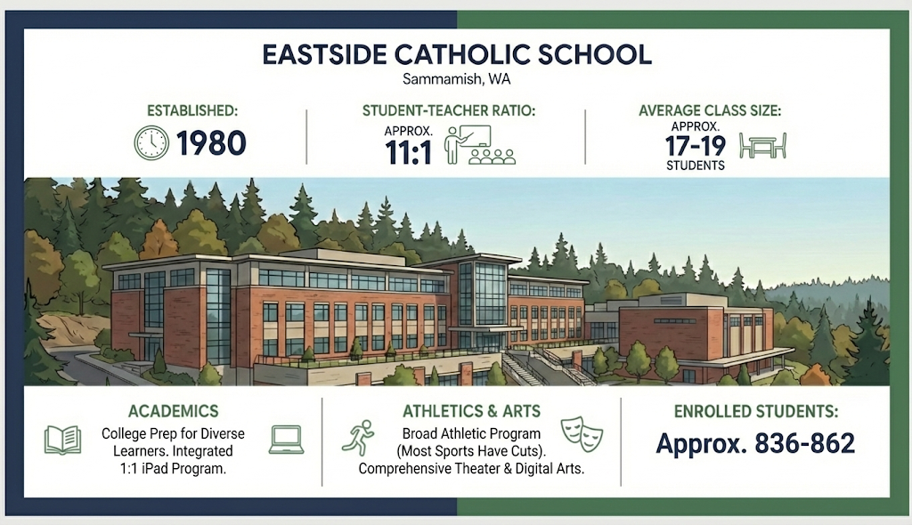 An informational graphic for Eastside Catholic School in Sammamish, WA, featuring an illustration of the red-brick campus. Key statistics include: Founded in 1980, approx. 11:1 student-teacher ratio, average class size of 17–19, and enrollment of 836–862 students. The text highlights a college prep curriculum with a 1:1 iPad program and a broad, competitive athletics and arts department.