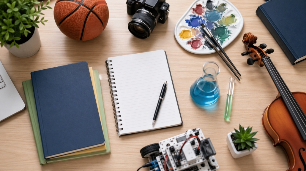 Flat lay of a desk with notebooks, camera, paint palette, violin, basketball, and science tools representing diverse high school electives.