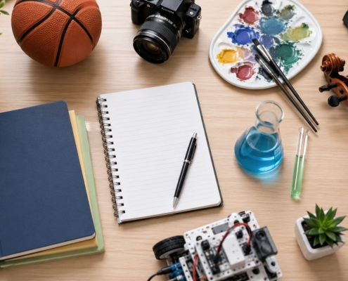 Flat lay of a desk with notebooks, camera, paint palette, violin, basketball, and science tools representing diverse high school electives.