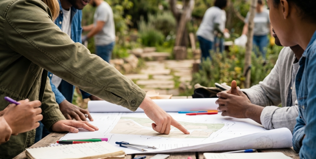 A group of people collaborating around a table outdoors, pointing at maps and project plans; no faces visible.