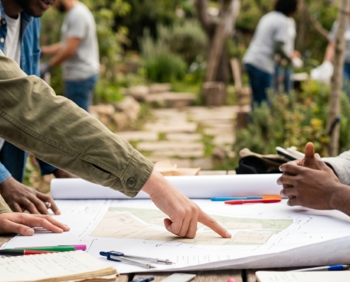 A group of people collaborating around a table outdoors, pointing at maps and project plans; no faces visible.