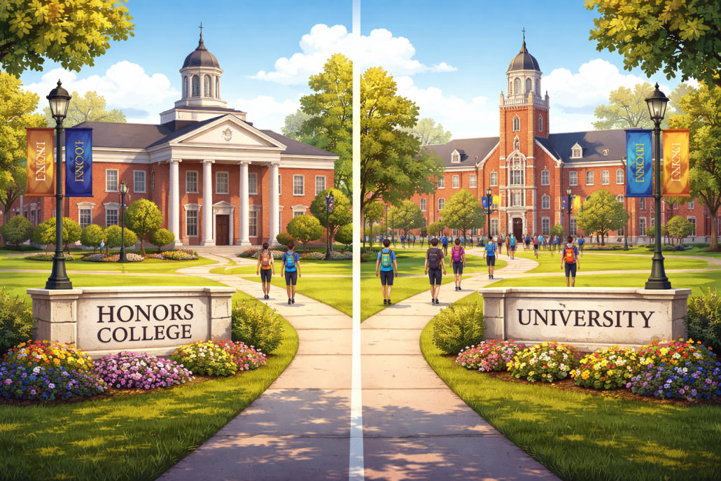 Split campus scene comparing a smaller academic building and a larger university campus with pathways and greenery.