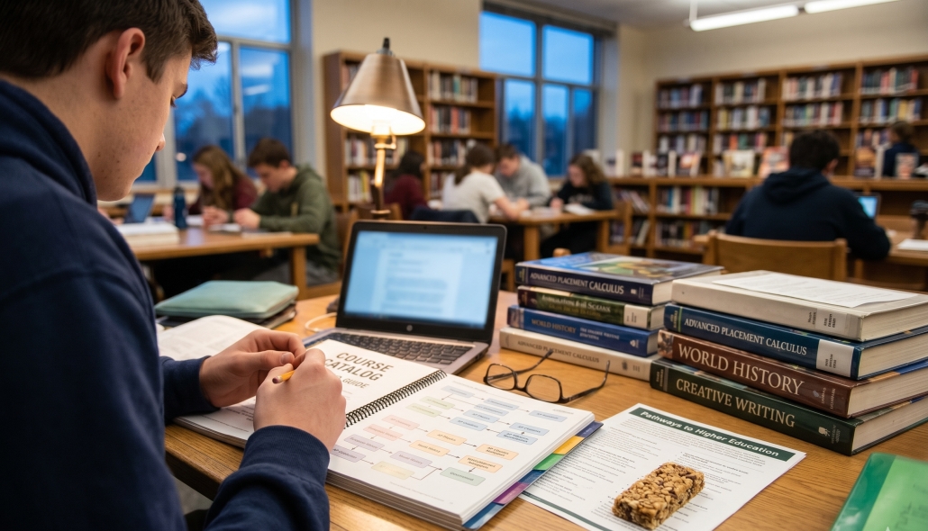 A student reviews a course catalog and AP textbooks in a library, planning high school classes.