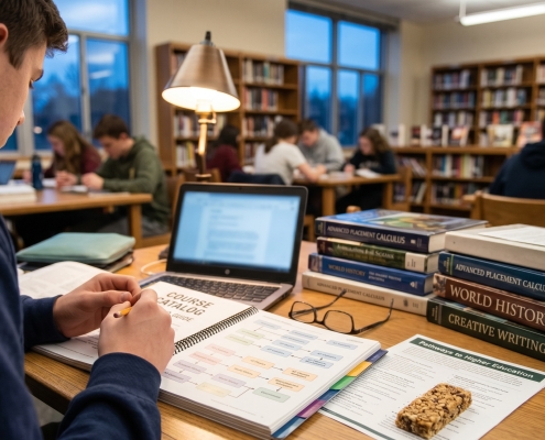 A student reviews a course catalog and AP textbooks in a library, planning high school classes.