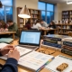 A student reviews a course catalog and AP textbooks in a library, planning high school classes.